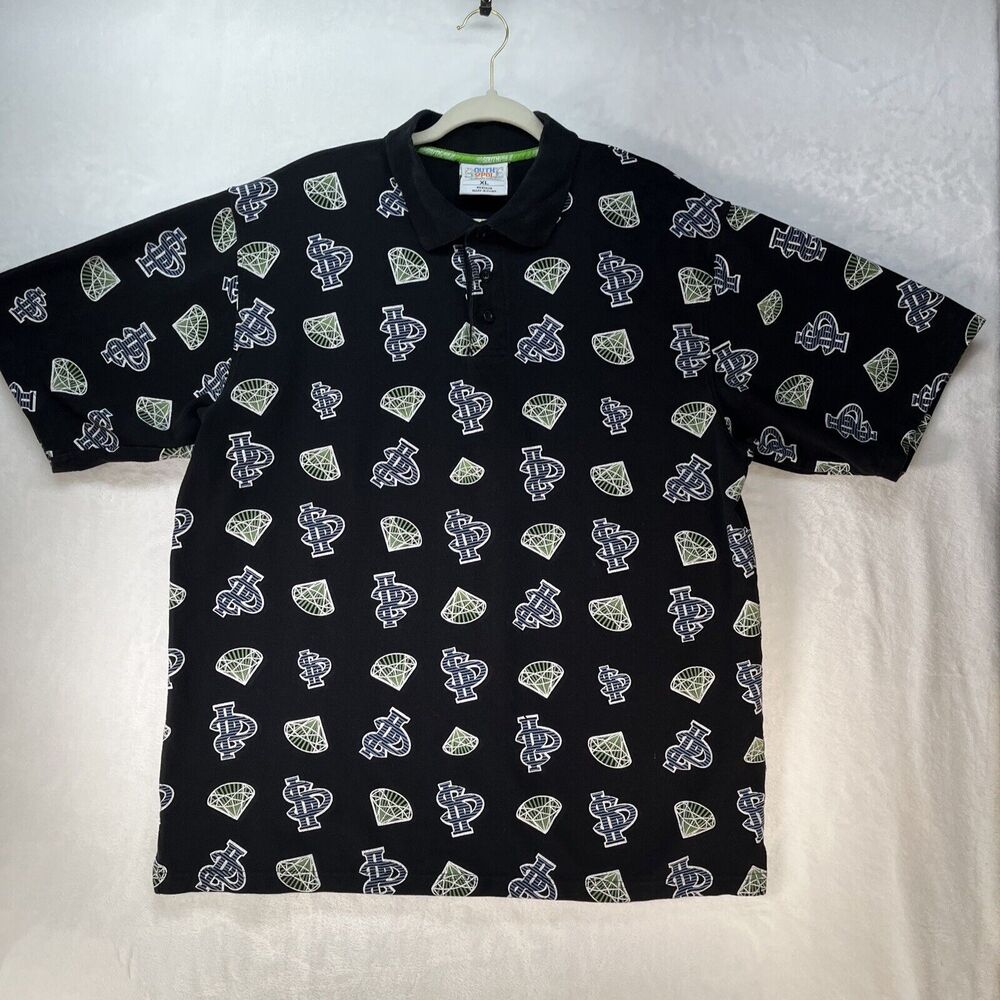 Vtg South Pole Golf Polo Shirt Men’s Sz XL Black Money‎ & Diamond All Over Print